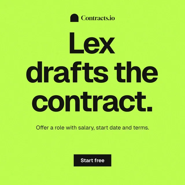 Instagram post for contracts.io: "Lex drafts the contract." Swiss style, centred layout, light palette in green.