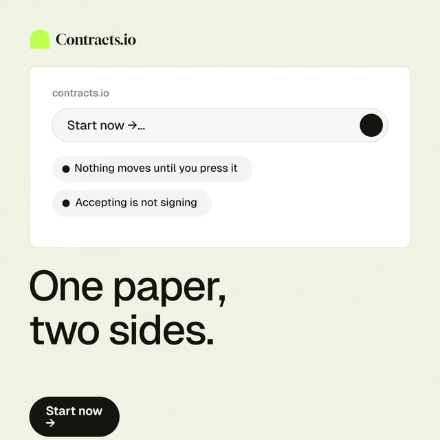 Instagram post for contracts.io: "One paper, two sides." Data card style, bottom layout, light palette in white, grey.