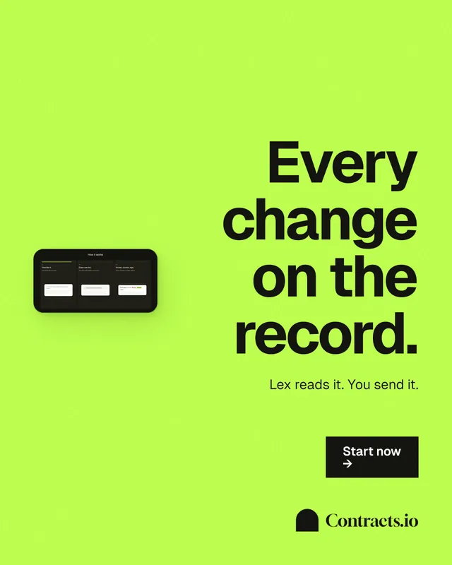 Instagram portrait post for contracts.io: "Every change on the record." Swiss style, right layout, light palette in green.