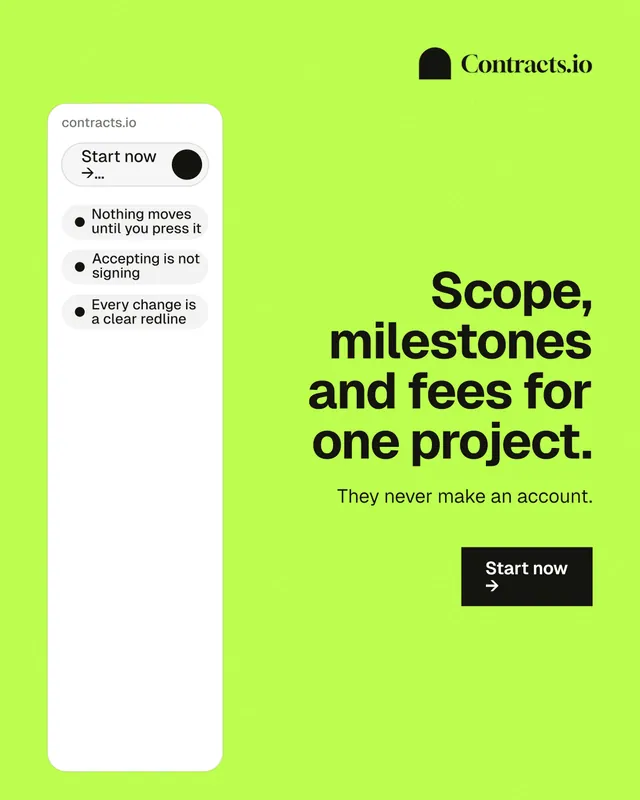 Instagram portrait post for contracts.io: "Scope, milestones and fees for one project." Swiss style, right layout, light palette in green, white.