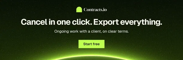 X header for contracts.io: "Cancel in one click. Export everything." Swiss style, centred layout, dark palette in black, green.