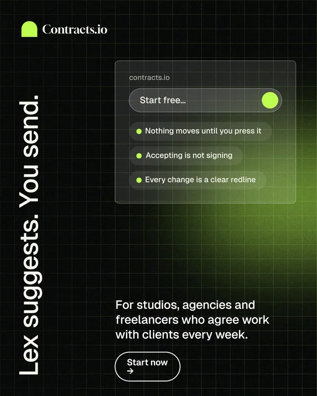 Instagram portrait post for contracts.io: "Lex suggests. You send." Phosphor atlas style, vertical layout, dark palette in black, green.