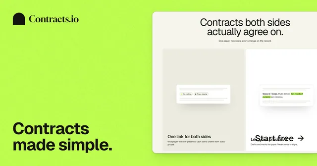 Social ad for contracts.io: "Contracts made simple." Swiss style, image led layout, light palette in green.