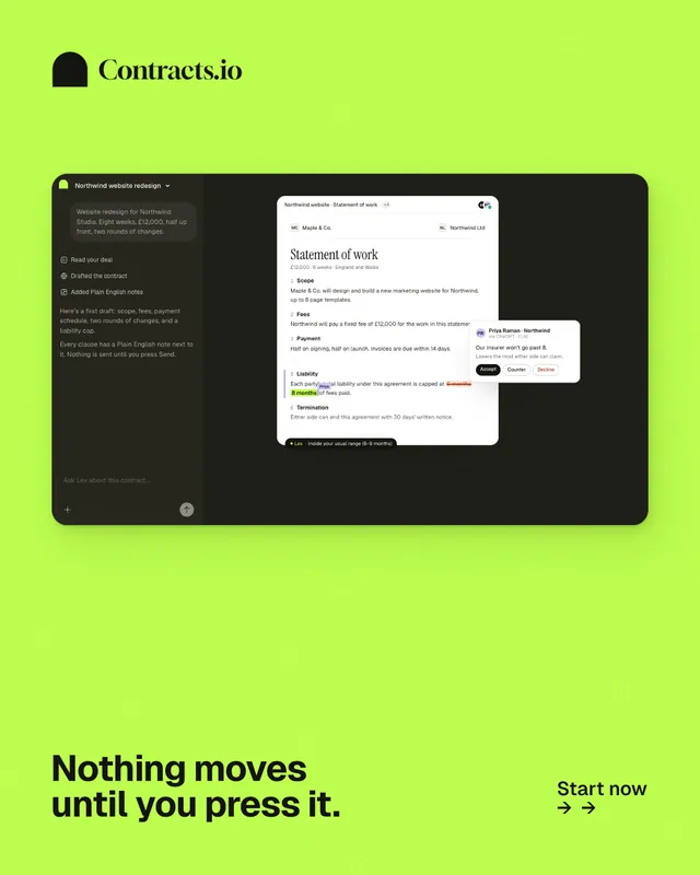 Instagram portrait post for contracts.io: "Nothing moves until you press it." Swiss style, image led layout, light palette in green, black.