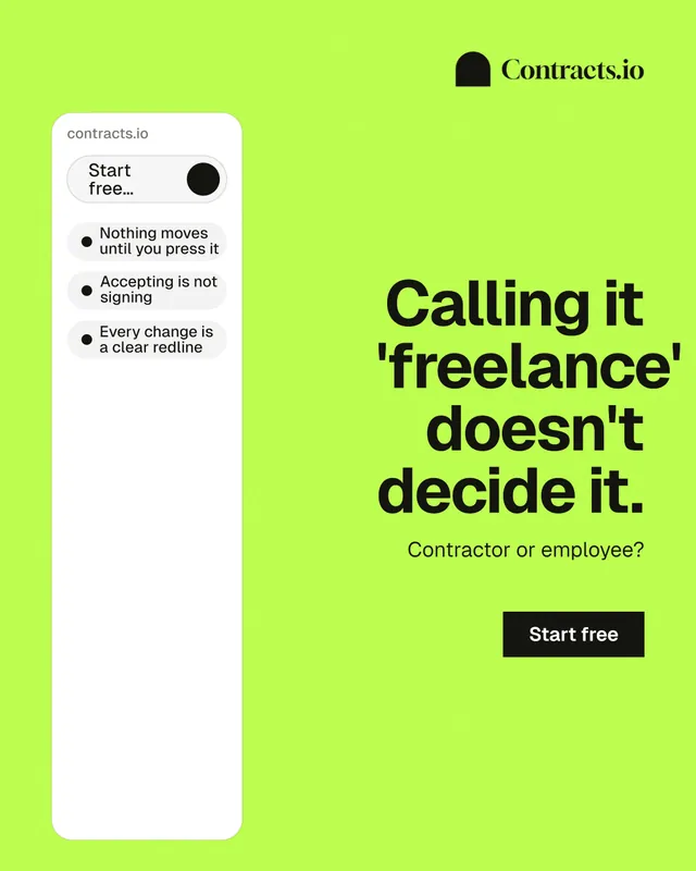 Instagram portrait post for contracts.io: "Calling it 'freelance' doesn't decide it." Swiss style, right layout, light palette in green, white.