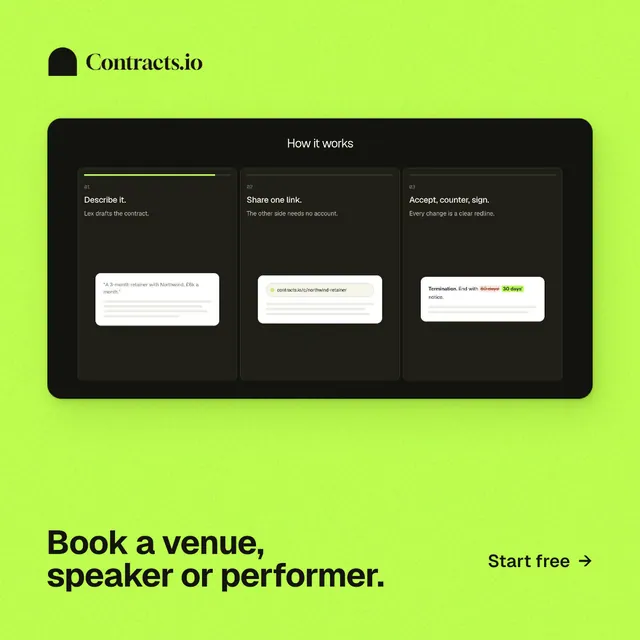 Instagram post for contracts.io: "Book a venue, speaker or performer." Swiss style, image led layout, light palette in green, black.