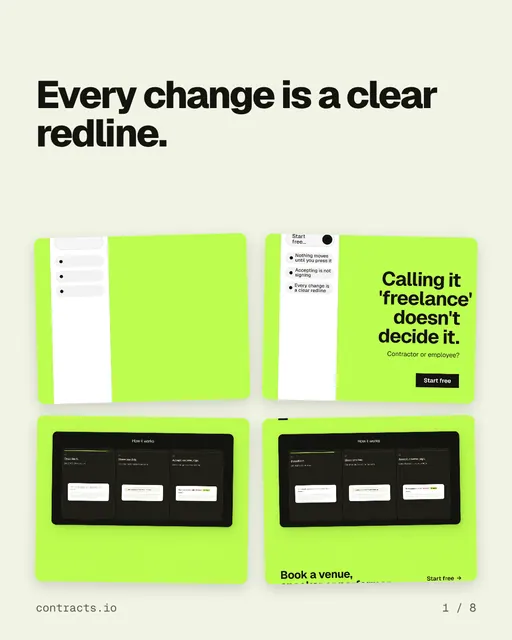Carousel for contracts.io: "Every change is a clear redline.". Collection carousel, 8 slides, light palette.