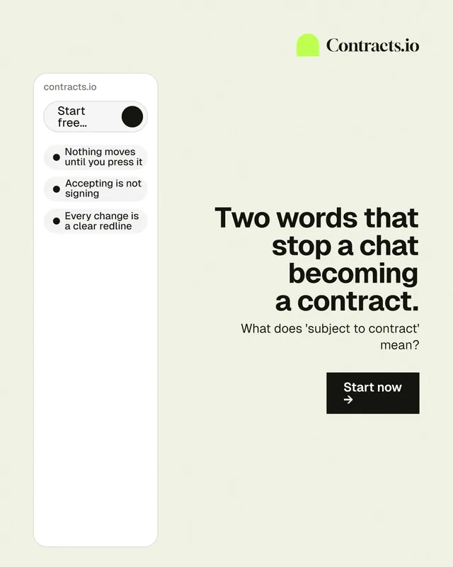 Instagram portrait post for contracts.io: "Two words that stop a chat becoming a contract." Swiss style, right layout, light palette in white, grey.