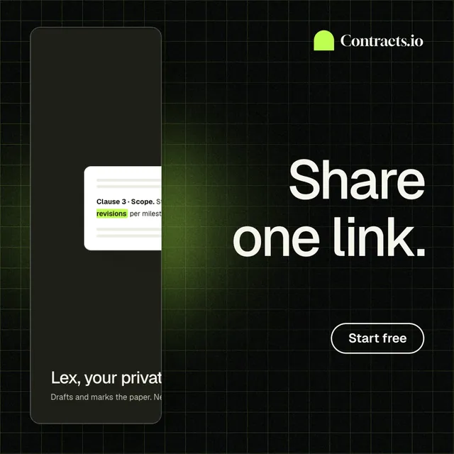 Instagram post for contracts.io: "Share one link." Phosphor atlas style, right layout, dark palette in black, grey.