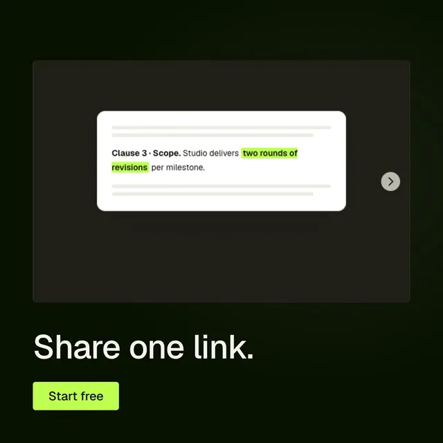 Video for contracts.io: "Share one link.". Doc motion loop, 6.0 s, dark palette.