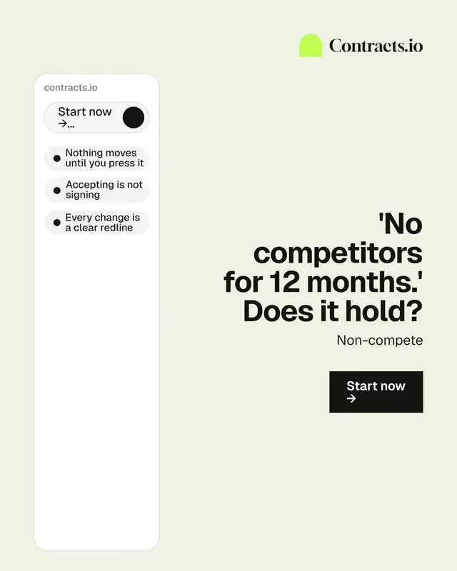 Instagram portrait post for contracts.io: "'No competitors for 12 months.' Does it hold?" Swiss style, right layout, light palette in white, grey.
