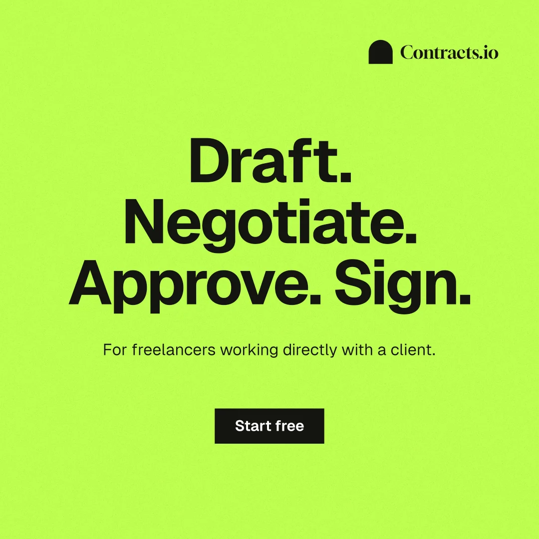 Instagram post for contracts.io: "Draft. Negotiate. Approve. Sign." Swiss style, centred layout, light palette in green.