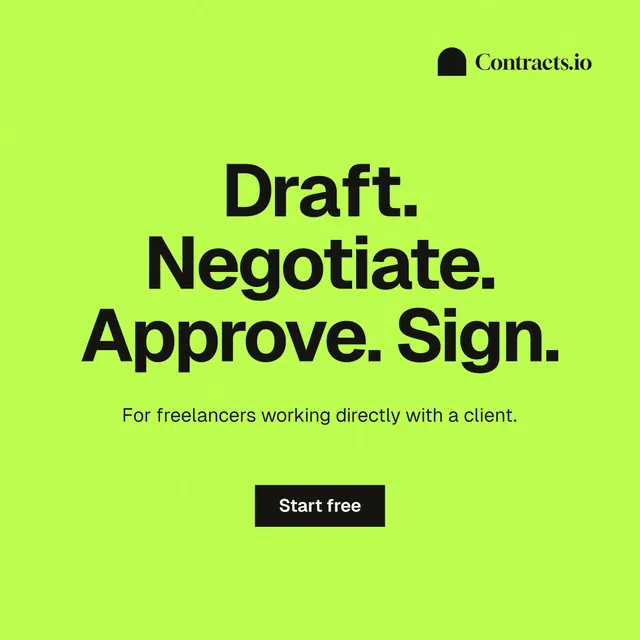 Instagram post for contracts.io: "Draft. Negotiate. Approve. Sign." Swiss style, centred layout, light palette in green.