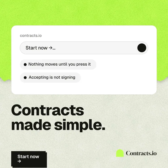 Instagram post for contracts.io: "Contracts made simple." Paper trio style, bottom layout, light palette in green, white, grey.