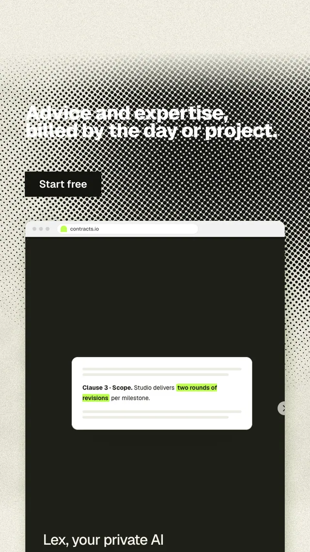 Instagram story for contracts.io: "Advice and expertise, billed by the day or project." Ink sticker style, browser layout, light palette in black, yellow, grey.