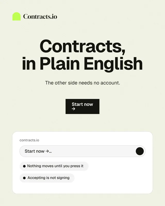 Instagram portrait post for contracts.io: "Contracts, in Plain English". Swiss style, centred layout, light palette in white, grey.