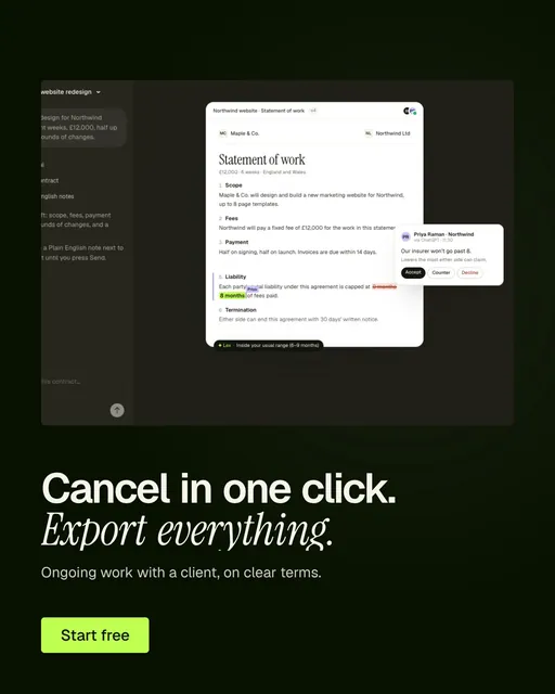 Video for contracts.io: "Cancel in one click. Export everything.". Doc motion loop, 7.0 s, dark palette.