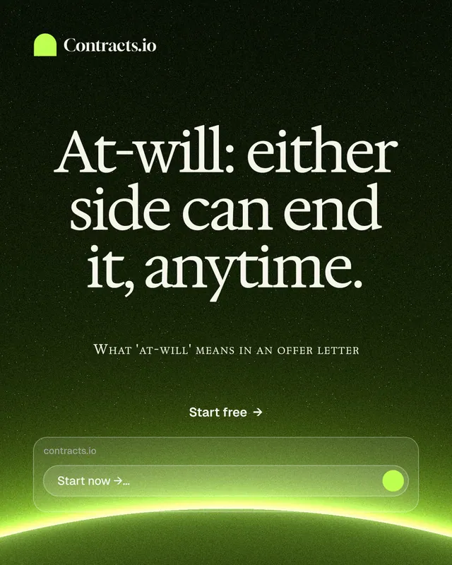 Instagram portrait post for contracts.io: "At-will: either side can end it, anytime." Swiss style, smallcaps layout, dark palette in green, black.