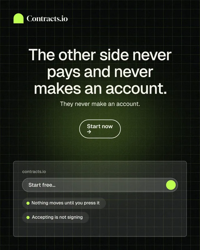 Instagram portrait post for contracts.io: "The other side never pays and never makes an account." Phosphor atlas style, centred layout, dark palette in black, grey.