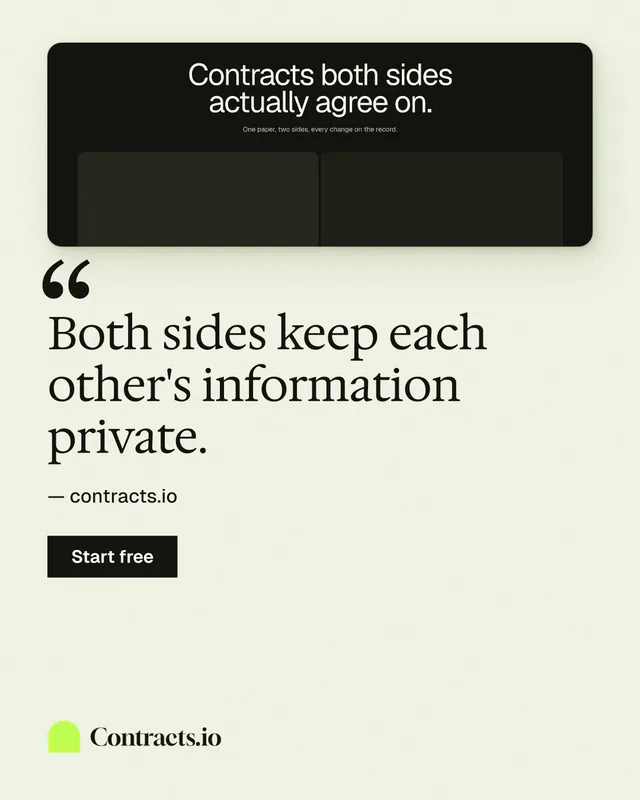 Instagram portrait post for contracts.io: "Both sides keep each other's information private." Swiss style, quote layout, light palette in white, grey, green.