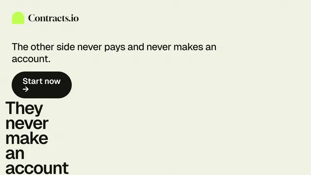 Landscape graphic for contracts.io: "They never make an account." Data card style, oversized layout, light palette in white, grey.