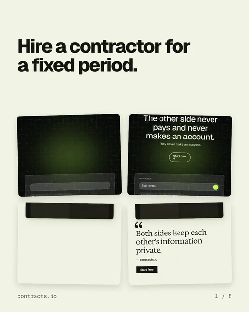 Carousel for contracts.io: "Hire a contractor for a fixed period.". Collection carousel, 8 slides, light palette.