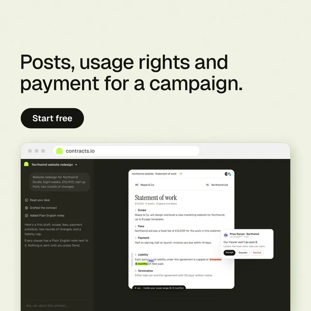 Instagram post for contracts.io: "Posts, usage rights and payment for a campaign." Data card style, browser layout, light palette in yellow, black, white.