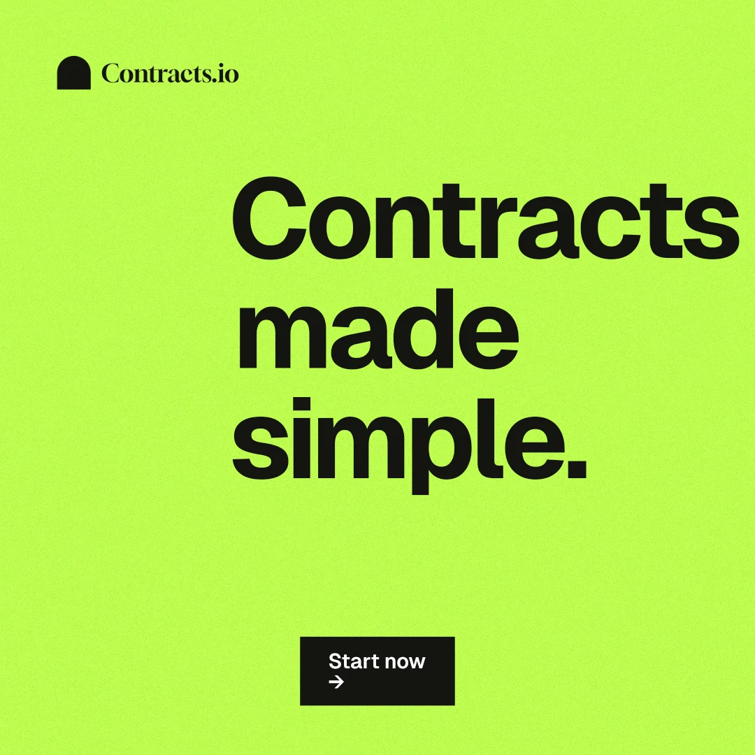 Instagram post for contracts.io: "Contracts made simple." Swiss style, centred layout, light palette in green.