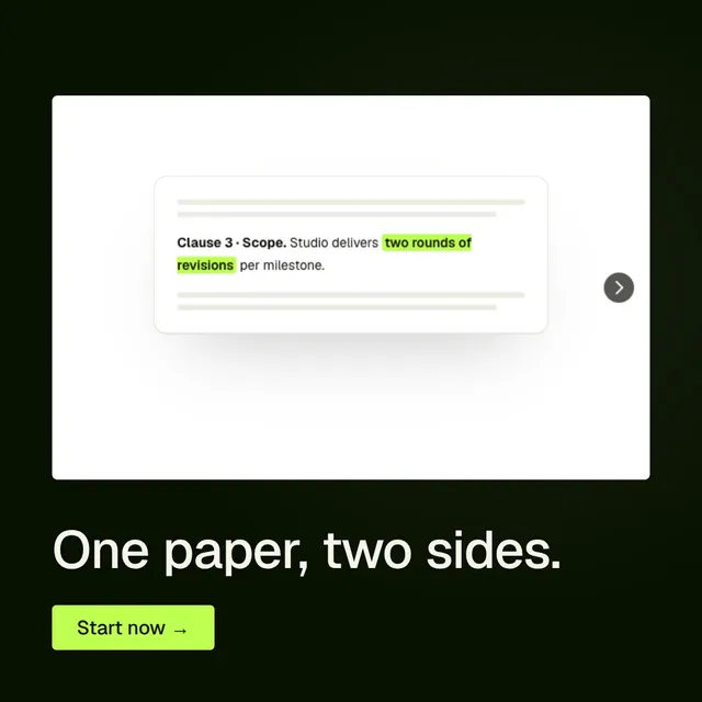 Video for contracts.io: "One paper, two sides.". Doc motion loop, 6.0 s, light palette.