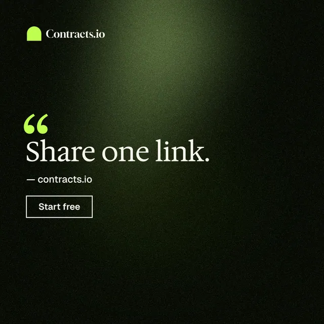 Instagram post for contracts.io: "Share one link." Dark deco style, quote layout, dark palette in black, green.