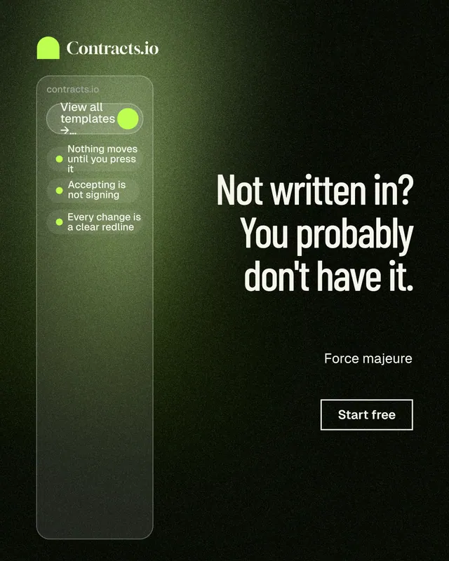 Instagram portrait post for contracts.io: "Not written in? You probably don't have it." Dark deco style, right layout, dark palette in black, green, grey.
