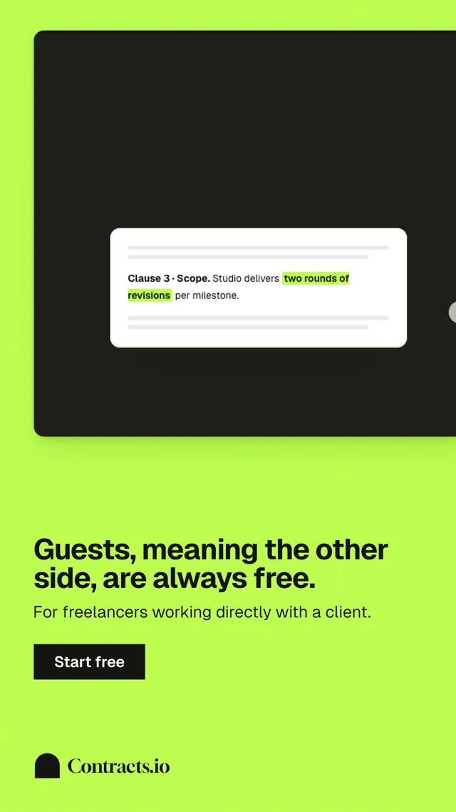 Instagram story for contracts.io: "Guests, meaning the other side, are always free." Swiss style, bottom layout, light palette in green, black.