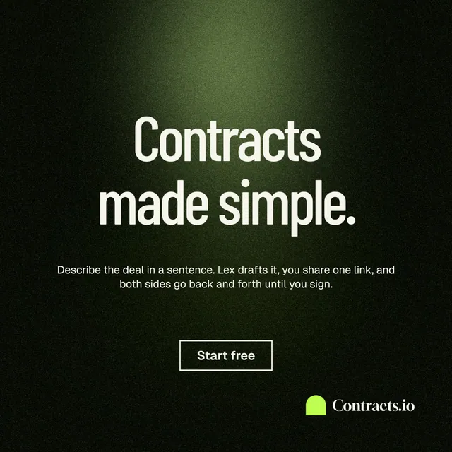 Instagram post for contracts.io: "Contracts made simple." Dark deco style, centred layout, dark palette in black, grey.