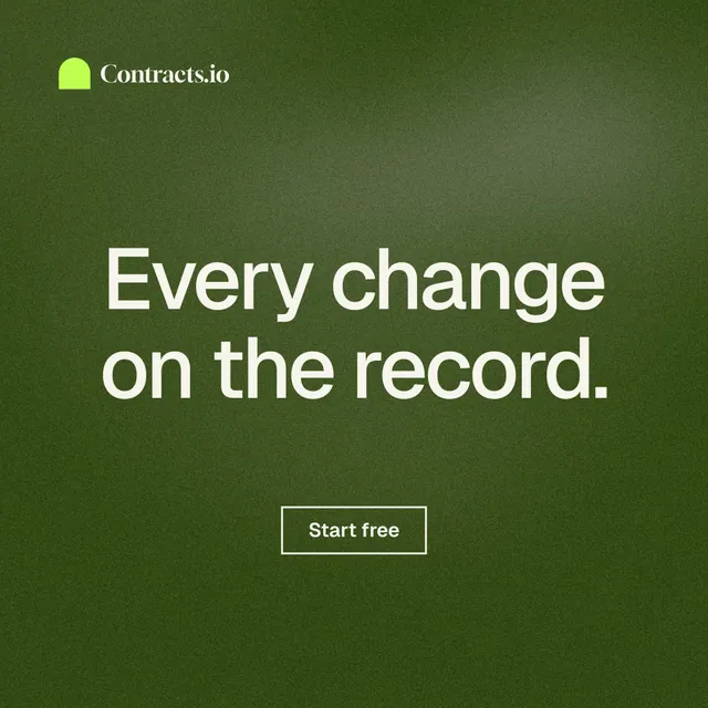 Instagram post for contracts.io: "Every change on the record." Cyanotype style, centred layout, dark palette in green.