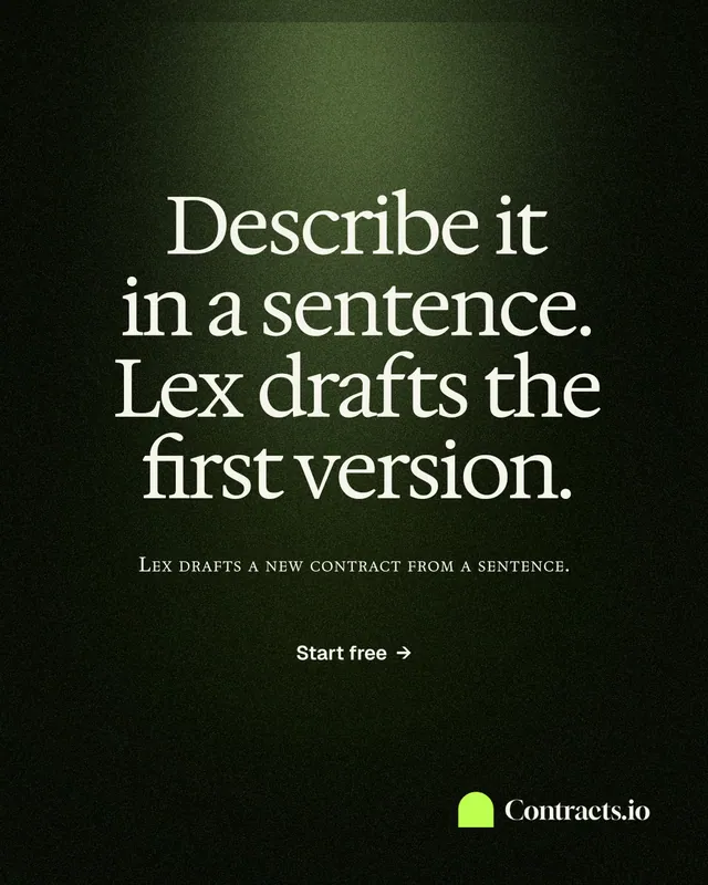 Instagram portrait post for contracts.io: "Describe it in a sentence. Lex drafts the first version." Dark deco style, smallcaps layout, dark palette in black, grey.