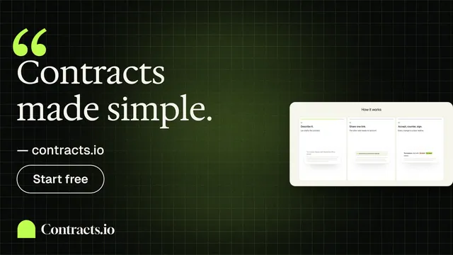 Landscape graphic for contracts.io: "Contracts made simple." Phosphor atlas style, quote layout, dark palette in green, black, grey.