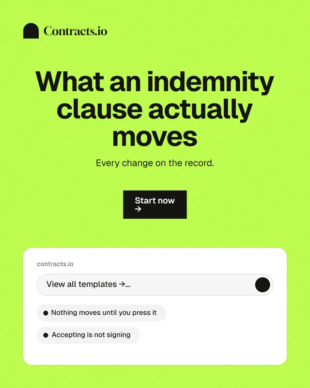 Instagram portrait post for contracts.io: "What an indemnity clause actually moves". Swiss style, centred layout, light palette in green.