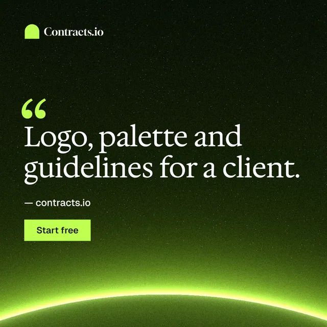 Instagram post for contracts.io: "Logo, palette and guidelines for a client." Swiss style, quote layout, dark palette in green, black.