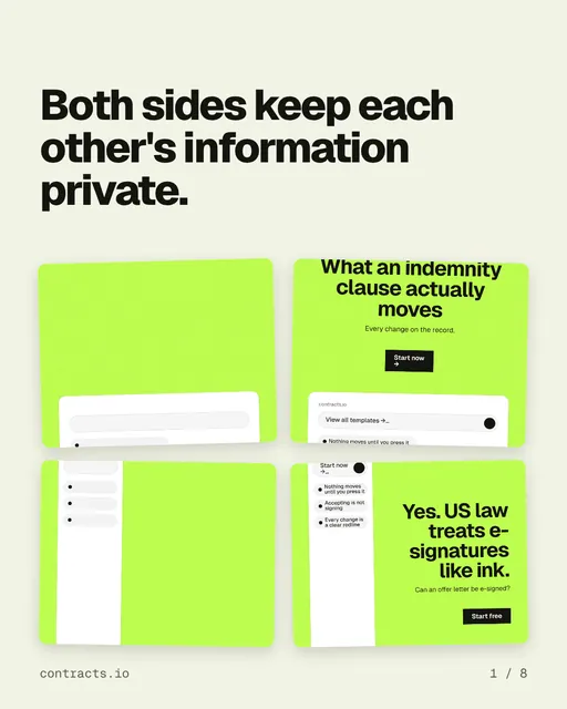 Carousel for contracts.io: "Both sides keep each other's information private.". Collection carousel, 8 slides, light palette.
