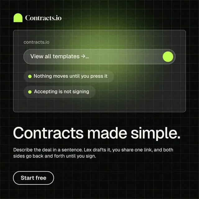 Instagram post for contracts.io: "Contracts made simple." Phosphor atlas style, bottom layout, dark palette in black, grey.