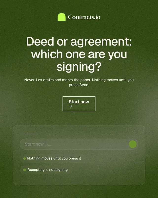 Instagram portrait post for contracts.io: "Deed or agreement: which one are you signing?" Cyanotype style, centred layout, dark palette in green, grey.