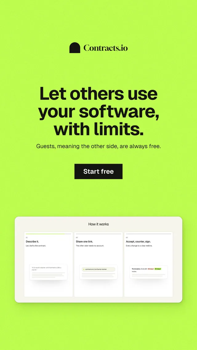 Instagram story for contracts.io: "Let others use your software, with limits." Swiss style, centred layout, light palette in green.