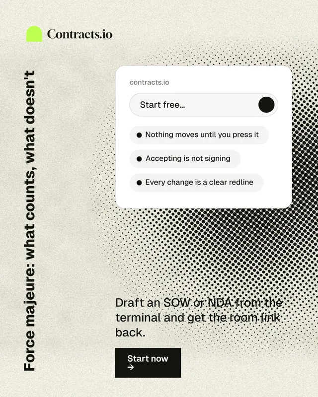 Instagram portrait post for contracts.io: "Force majeure: what counts, what doesn't". Ink sticker style, vertical layout, light palette in white, yellow, grey.