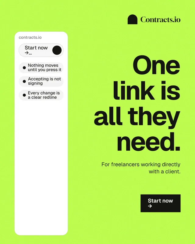 Instagram portrait post for contracts.io: "One link is all they need." Swiss style, right layout, light palette in green.
