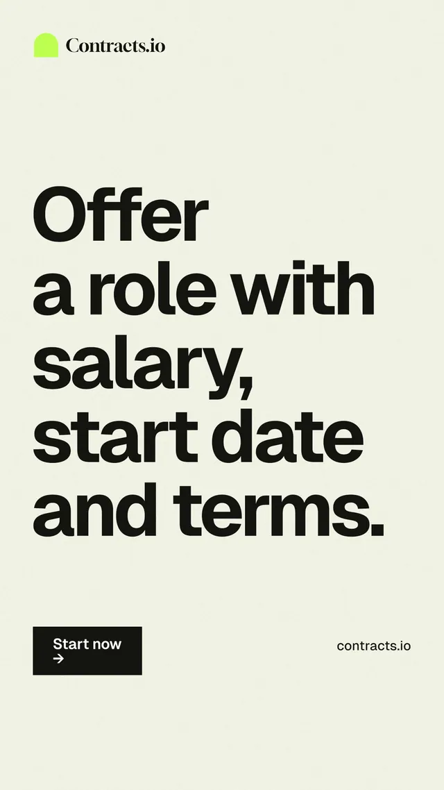 Instagram story for contracts.io: "Offer a role with salary, start date and terms." Swiss style, poster layout, light palette in white, grey, yellow.