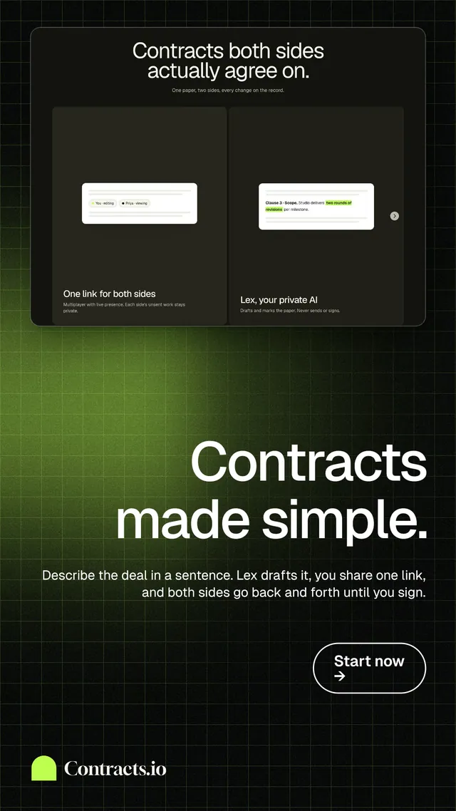 Instagram story for contracts.io: "Contracts made simple." Phosphor atlas style, right layout, dark palette in black, green, grey.