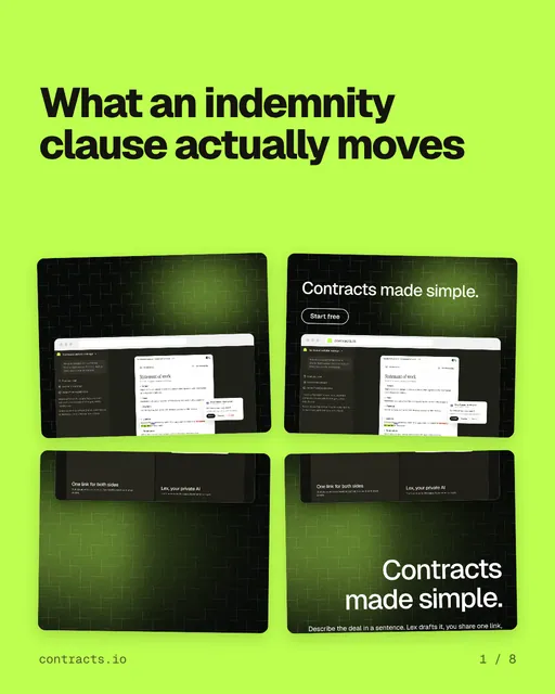 Carousel for contracts.io: "What an indemnity clause actually moves". Collection carousel, 8 slides, light palette.