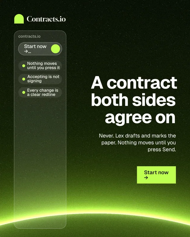 Instagram portrait post for contracts.io: "A contract both sides agree on". Swiss style, right layout, dark palette in green, black.