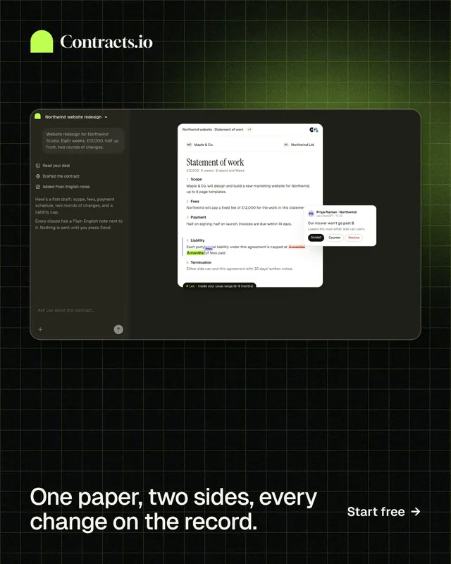 Instagram portrait post for contracts.io: "One paper, two sides, every change on the record." Phosphor atlas style, image led layout, dark palette in black, grey.