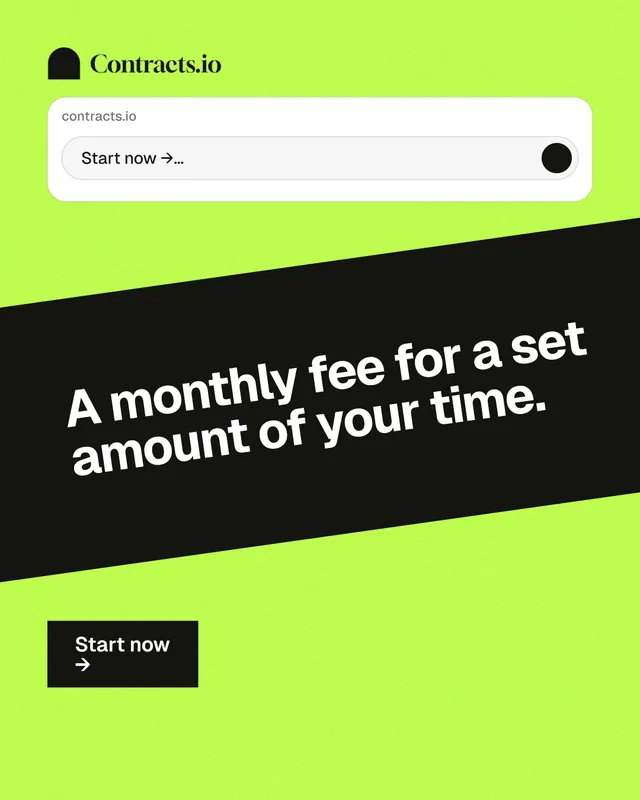 Instagram portrait post for contracts.io: "A monthly fee for a set amount of your time." Swiss style, diagonal layout, light palette in green, black, grey.